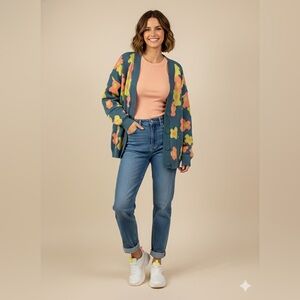 ORANGE FASHION VILLAGE Vibrant Teal Retro Floral Cardigan L/XL Indie Cottagecore